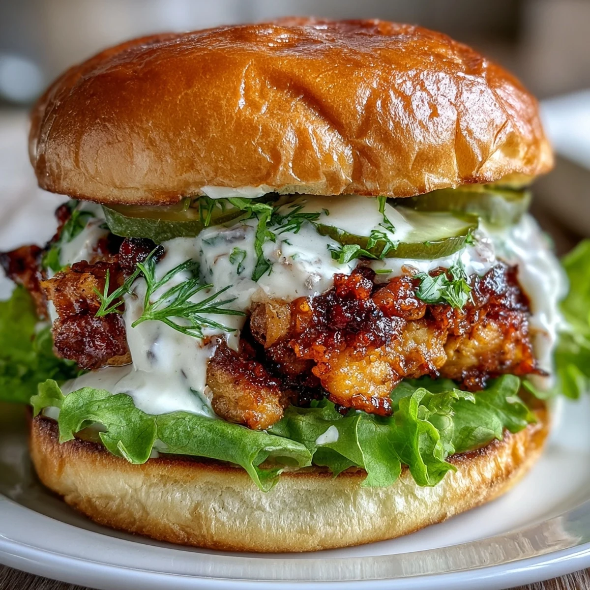 Crispy golden fried chicken breast sits high on a toasted brioche bun, layered with lettuce, pickles, and a creamy, tangy homemade sauce.
