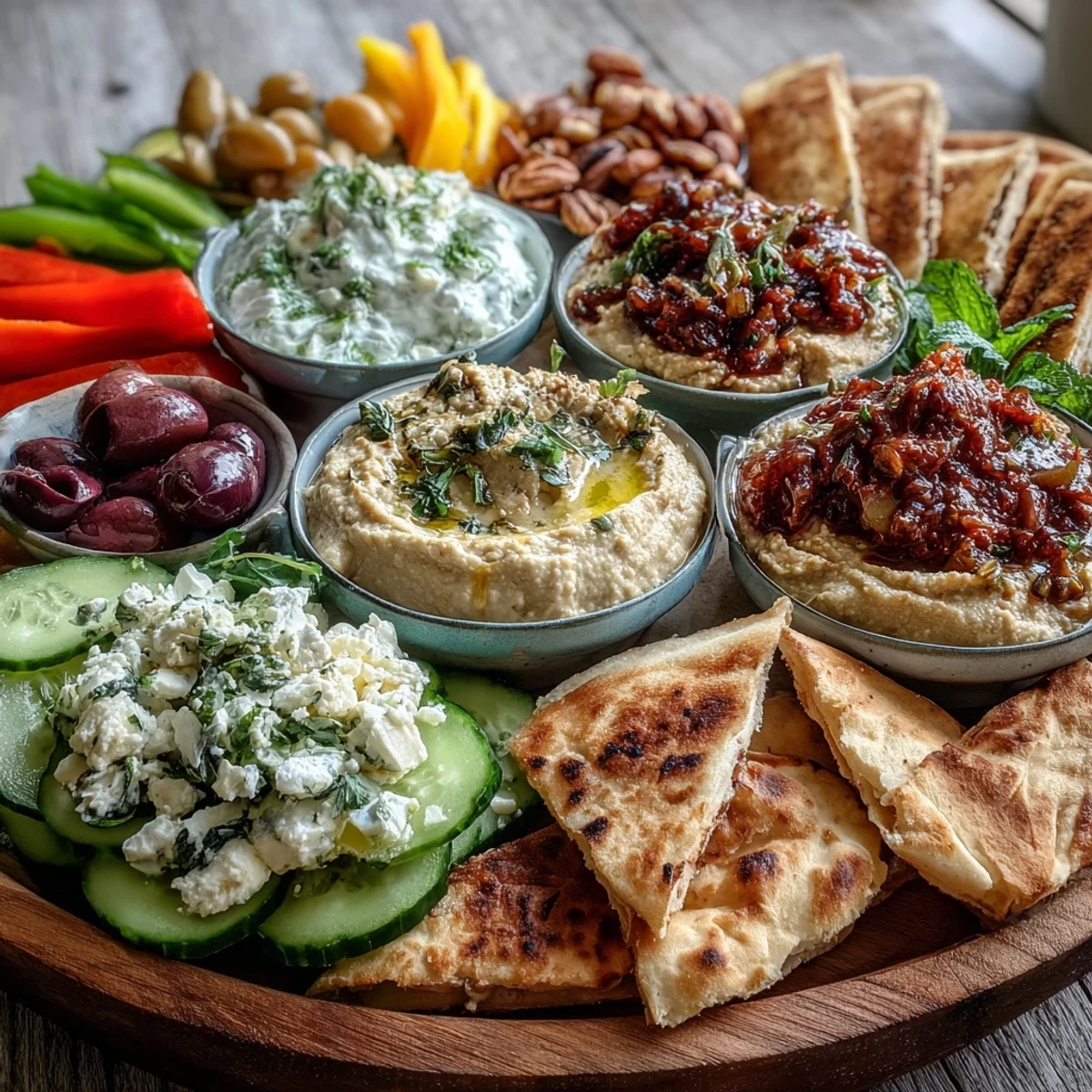 A Mediterranean Brunch Board with dips and flatbreads showcases creamy hummus, feta, olives, and colorful vegetables on a rustic wooden platter.