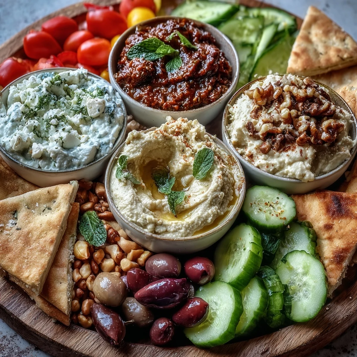 Shareable Mediterranean Brunch Board with Dips and Flatbreads featuring warm pita wedges, olives, nuts, and fresh herbs for a festive brunch.