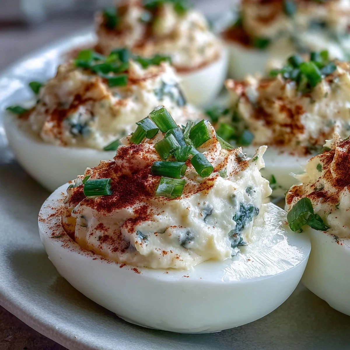 Golden yolk filling in halved egg whites garnished with paprika and fresh chives for Million Dollar Deviled Eggs.
