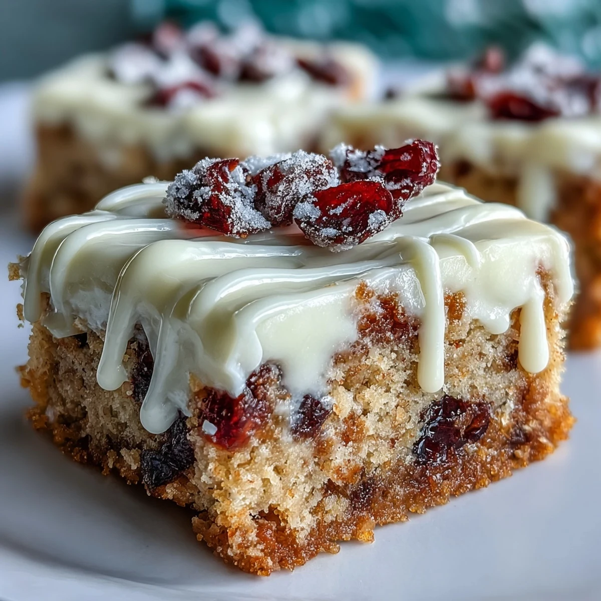 Frosted Cranberry Bliss Bars are drizzled with white chocolate, plated beside a steaming mug of coffee.
