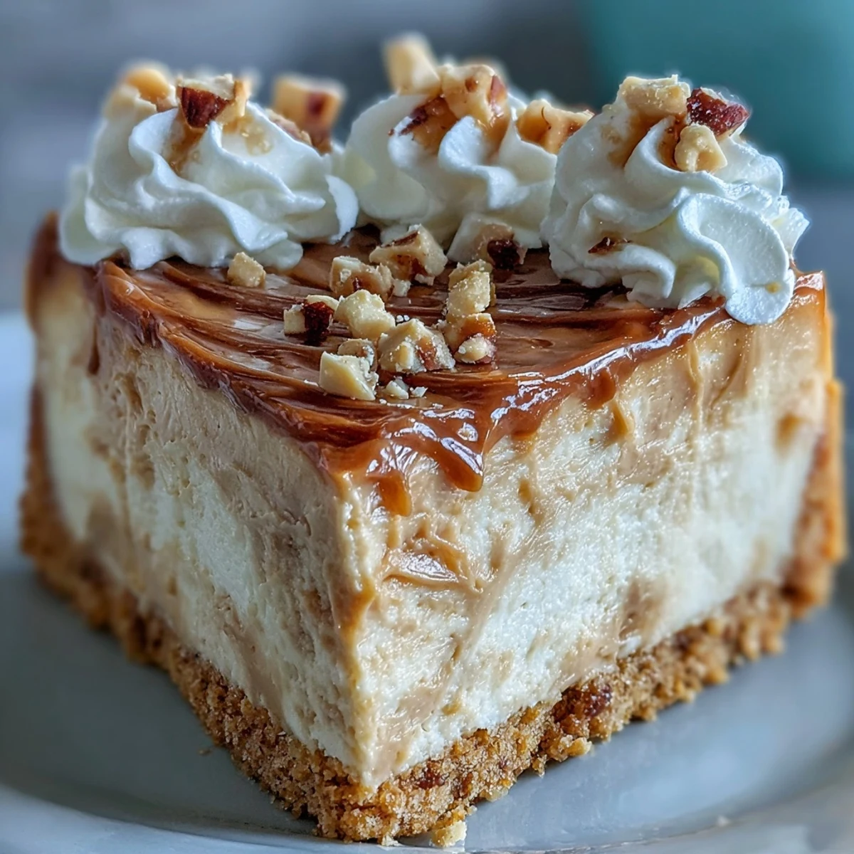 A decadent slice of Nutter Butter cheesecake features a creamy peanut butter swirl and a golden cookie crust.