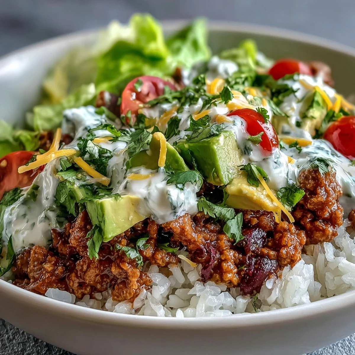 A top-down view of a Turkey Taco Bowl filled with seasoned ground turkey, fluffy rice, diced avocado, and shredded cheddar.