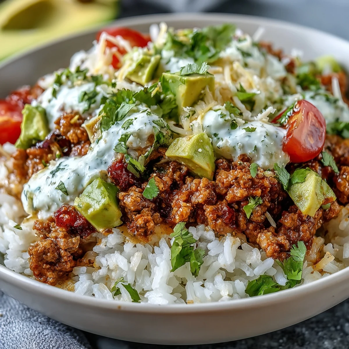 Freshly prepared Turkey Taco Bowl with lime wedges, sour cream, and colorful vegetables served in a rustic bowl.