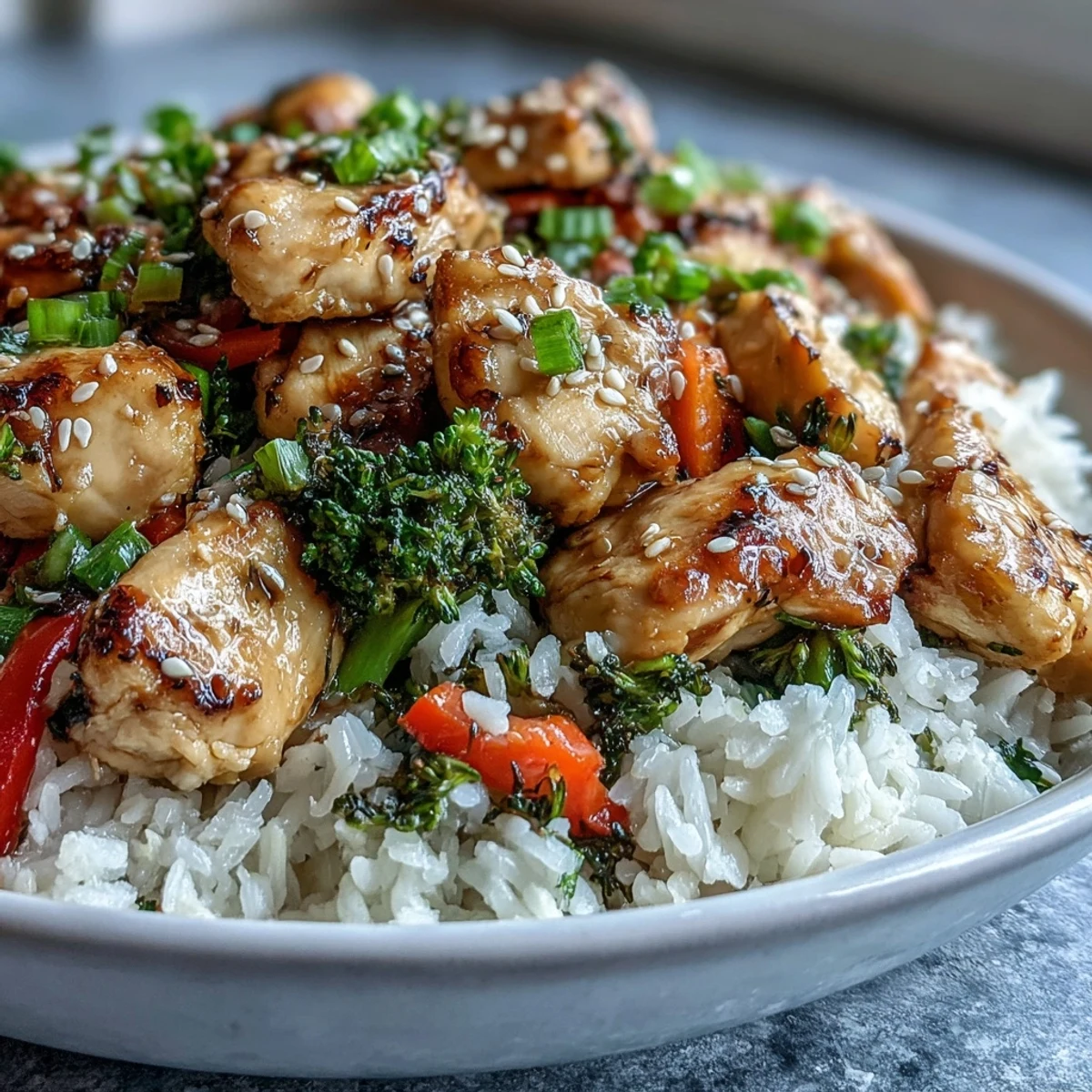 Golden-brown seasoned chicken pieces, fluffy white rice, and crisp stir-fried broccoli and bell peppers combined in a wholesome bowl.