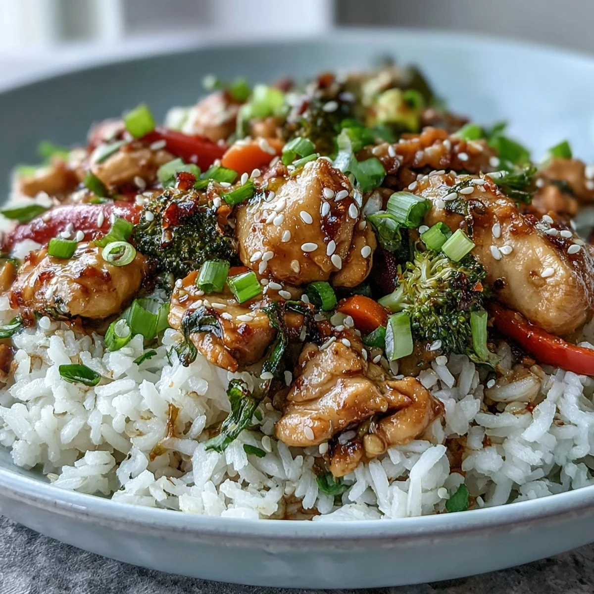 Freshly cooked Chicken and Rice Bowl with tender carrots and broccoli, ready to enjoy with a drizzle of savory sauce.