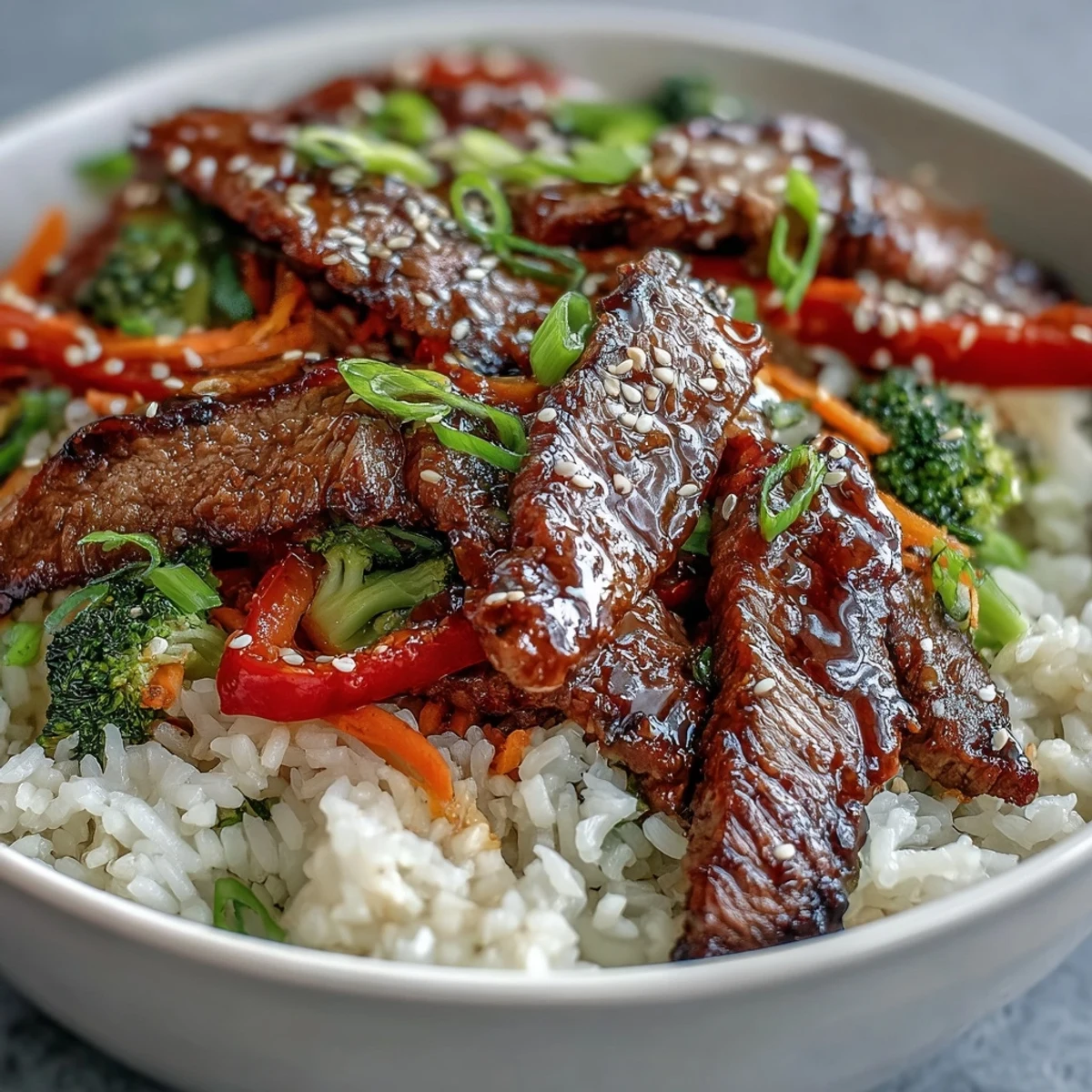 Tender beef slices glazed in sweet teriyaki sauce, paired with crisp veggies over steaming rice for a satisfying bowl.