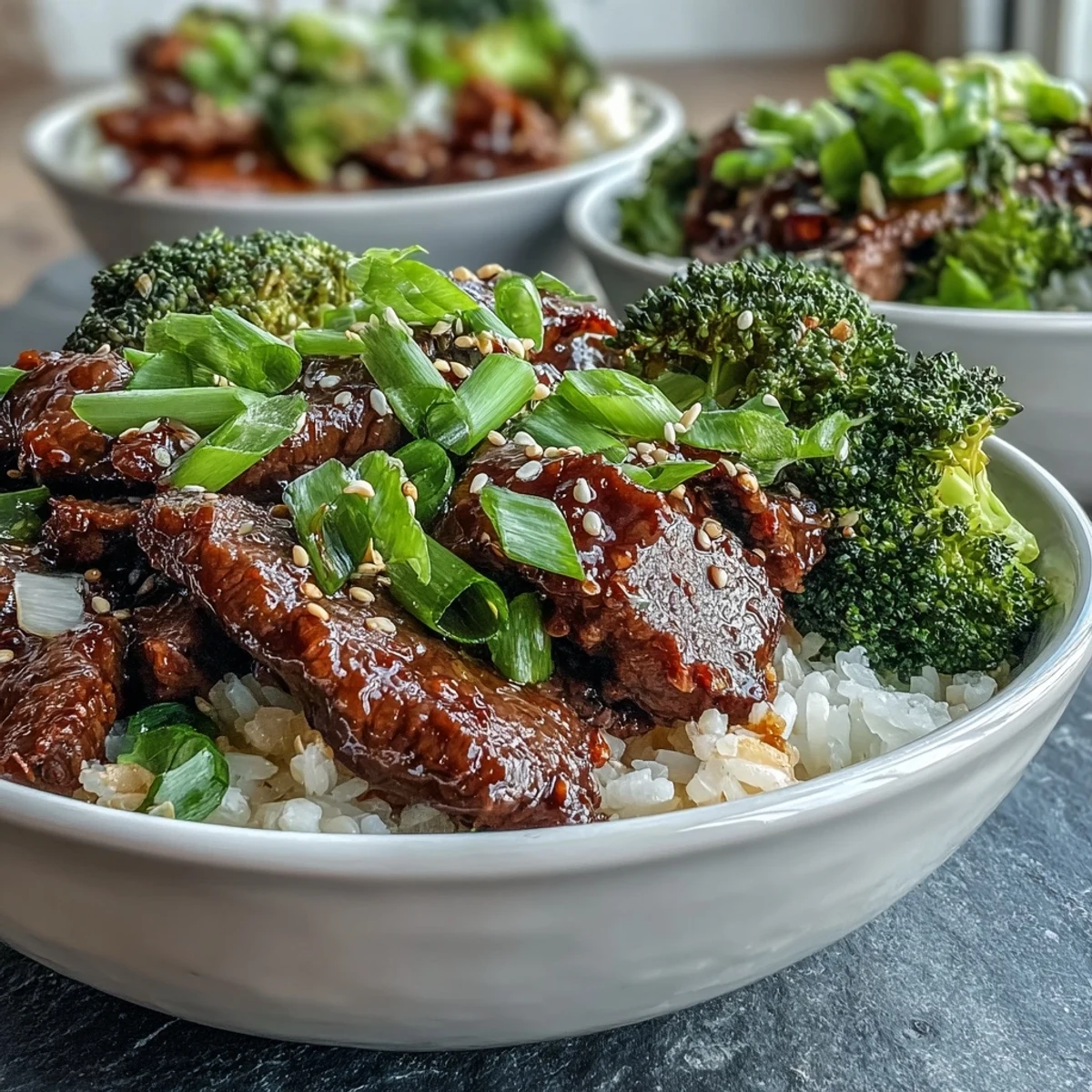 Steam rises from a hot Beef and Broccoli Bowl as glazed beef strips and bright green broccoli florets glisten over fluffy white rice. 