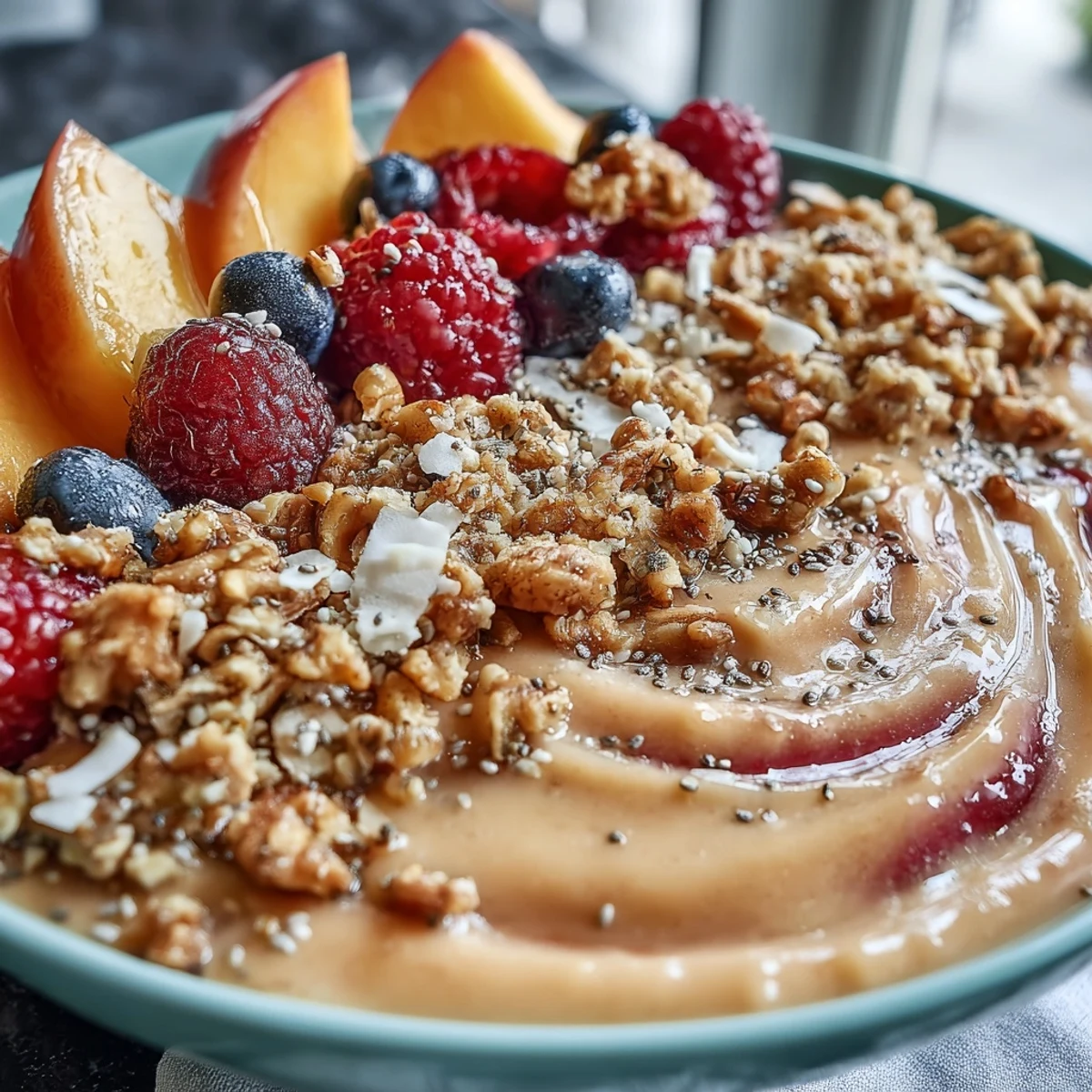 Tropical guava and mango smoothie bowl topped with crunchy granola and fresh berries for a vibrant breakfast.