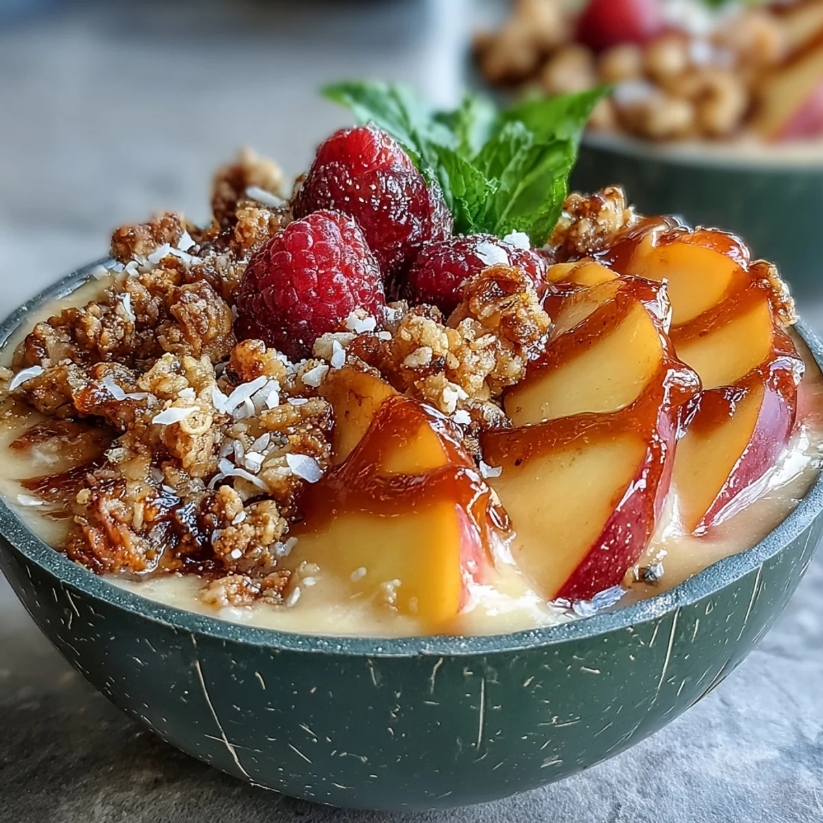 Freshly blended guava and mango smoothie bowl garnished with mint leaves and chia seeds, served chilled.