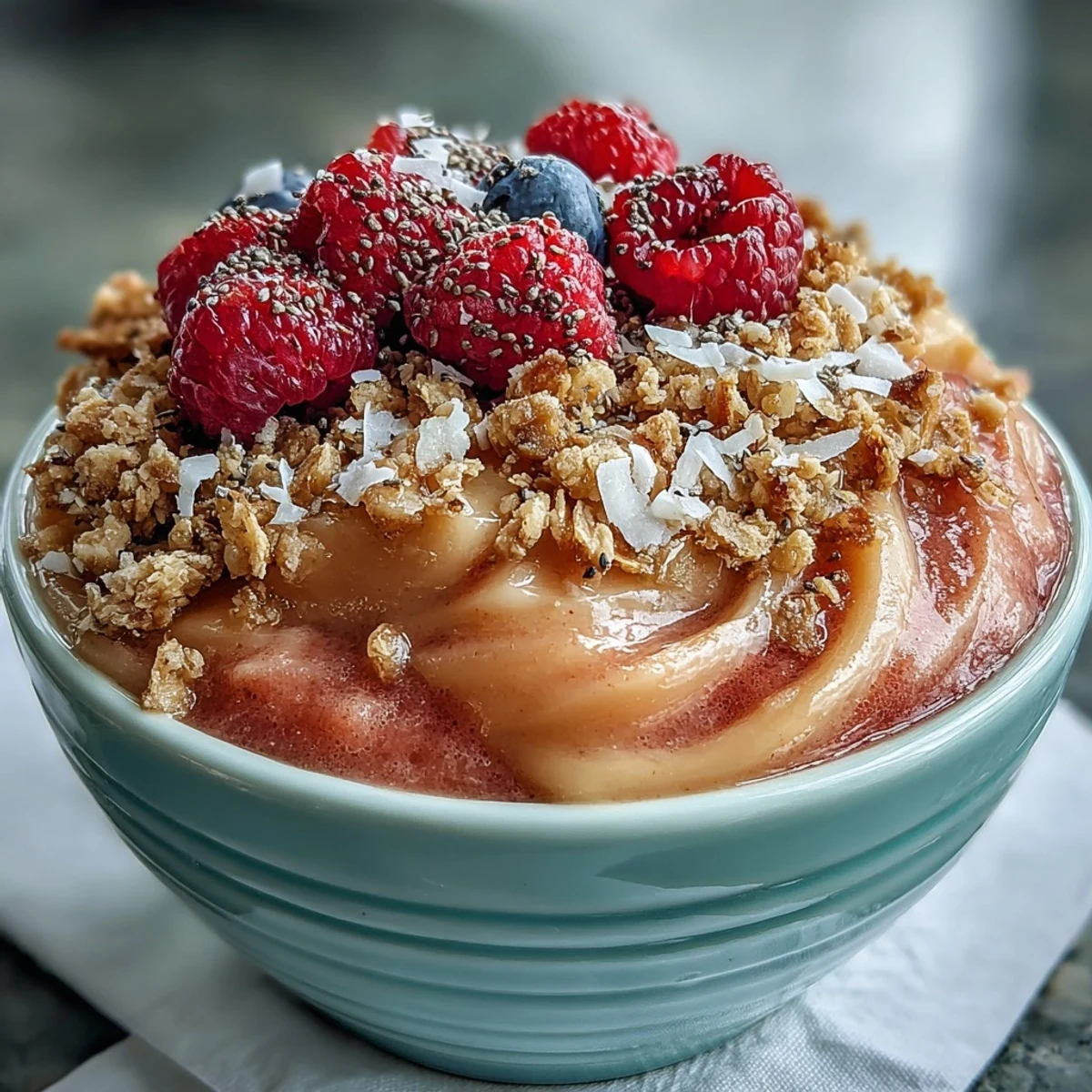 Thick guava and mango smoothie bowl sprinkled with coconut flakes, blueberries, and strawberries for a refreshing snack.