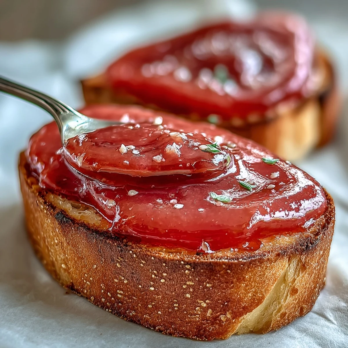 A slice of toasted bread generously spread with homemade guava preserves, paired with a slice of sharp cheese.