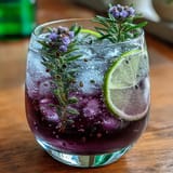 A vibrant lavender lemonade spritz cocktail with sparkling wine, garnished with fresh lavender sprigs and lemon slices.