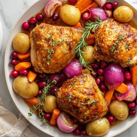 Golden-brown One-Pan Olive Oil Roast Chicken with bright red cranberries and tender vegetables.