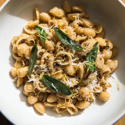 Golden brown butter coats ditalini pasta, accented with crispy sage in this comforting recipe.