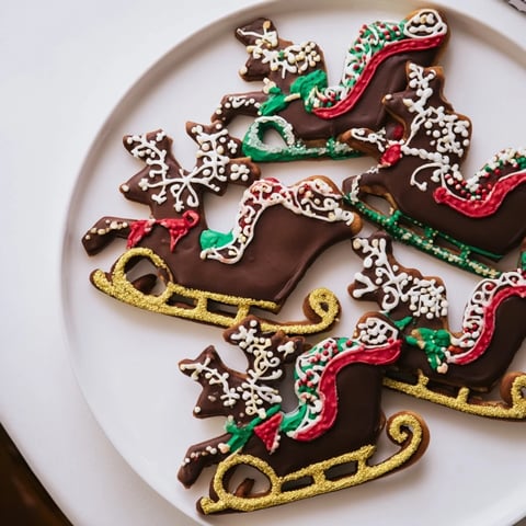 A stunning Santa's Sleigh cookie display, iced in festive colors and ready to serve at Christmas.