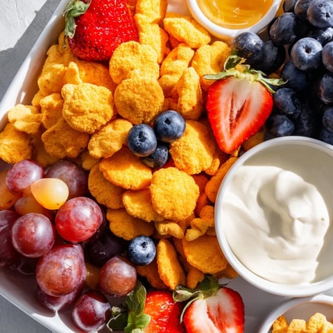 A vibrant mound of rainbow Goldfish crackers with colorful fruit, ready to snack on.