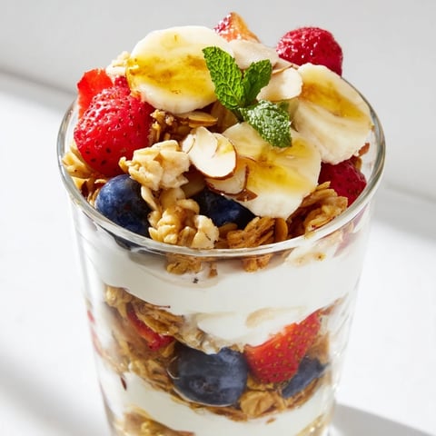 Yogurt and granola parfait glasses layered with fresh berries, offering a vibrant, delicious, and healthy breakfast.