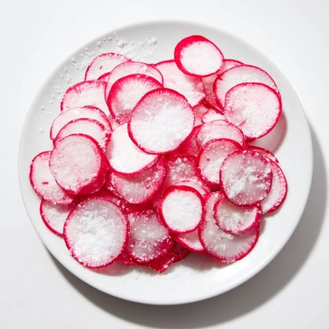 Crisp, thinly sliced radishes sprinkled with flaky sea salt, a simple, delicious snack.