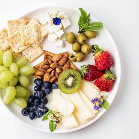 Vibrant Negative Space Puzzle platter showcasing fruit, crackers, and cheese, creating impressive star shapes.