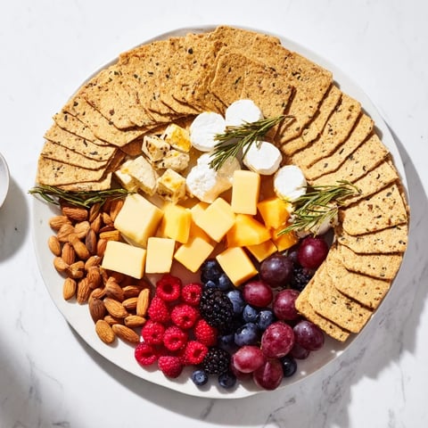 Artfully arranged Ouroboros Circle appetizer platter, with cheeses, meats, and colorful fruits, ready to eat.
