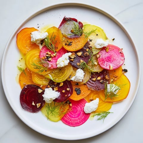 Vibrant Kinetic Motion Blur appetizer artfully shows layered beets and goat cheese, ready to serve.