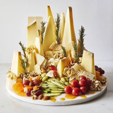 Visually stunning Sculptural Cheese Landscape: a flavorful platter featuring cheese peaks, juicy fruits, and nuts.