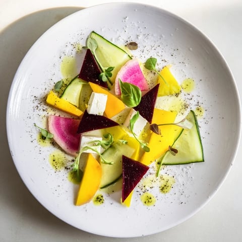 Vibrant The Cubist Deconstruction appetizer, colorful geometric vegetable and fruit pieces arranged with feta.