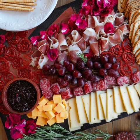 A beautifully arranged Crimson Crest charcuterie board, filled with red meats and cheeses, ready to serve.