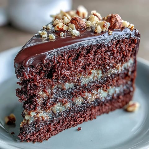 A slice of moist chocolate celebration cake showcases layered chocolate ganache and crunchy hazelnut praline topping on a rustic plate.