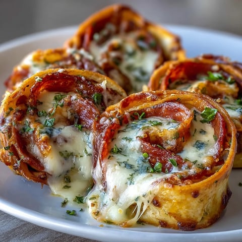 Golden-baked Tortilla Pizza Rolls with melted mozzarella and pepperoni on a plate.