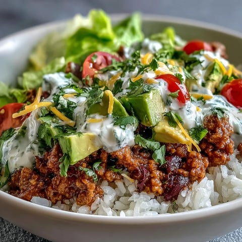 A top-down view of a Turkey Taco Bowl filled with seasoned ground turkey, fluffy rice, diced avocado, and shredded cheddar.