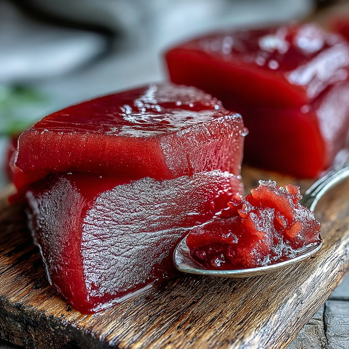 Glossy, rose-hued guava paste sliced from a homemade block, perfect for Cuban pastries or a cheese board.