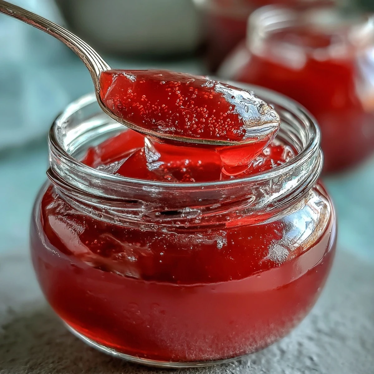 A jar of homemade guava jelly with a spoonful scooped out, showing its clear, ruby-red texture.