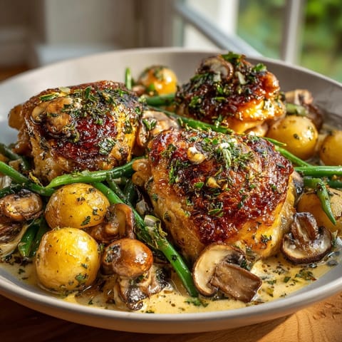 Golden chicken thighs in a creamy sauce with mushrooms, potatoes, and vibrant green beans skillet.