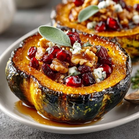 Close-up of maple sage roasted acorn squash with pomegranate, glistening with maple glaze and autumn spices.