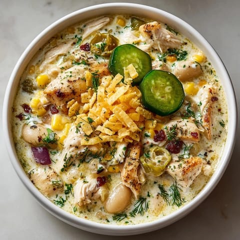 A steaming bowl of comforting Pickle-Infused White Chicken Chili, loaded with shredded chicken and hearty beans.