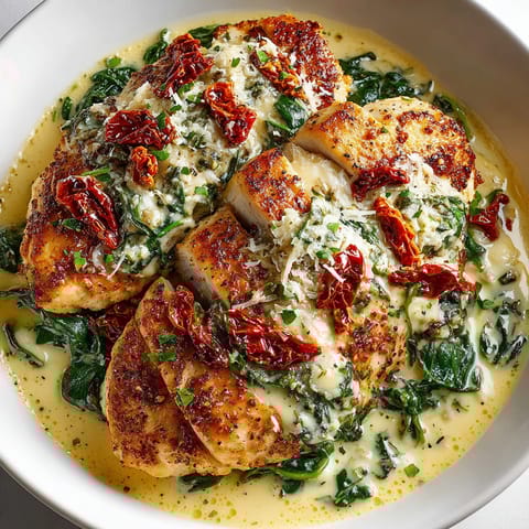 A close-up of One-Pot Creamy Tuscan Chicken, ready to be served with a sprinkle of Parmesan cheese.