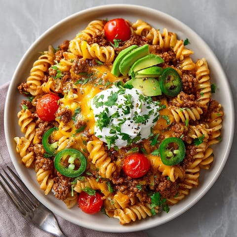 Flavorful Taco Pasta Skillet topped with fresh cilantro and avocado, a complete one-pot dinner recipe.