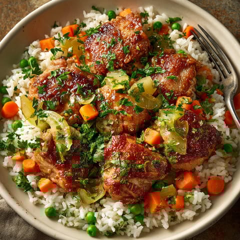 Tender chicken and fluffy rice in a Pickle Fix herb butter skillet ready for a satisfying dinner.