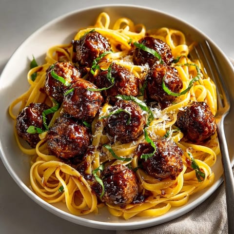 Delicious Cherry Cola Glazed Meatball Pasta, a comforting meal with meatballs and spaghetti in a sweet-savory glaze.