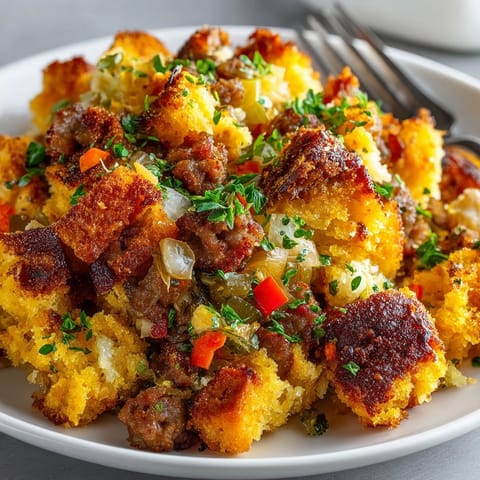 A close-up of savory sage sausage cornbread stuffing, steaming, with crispy, golden top.