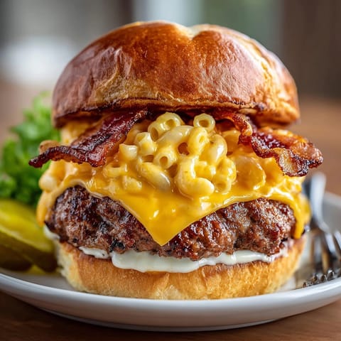Stacked high, this Bacon Mac and Cheese Burger features a rich, creamy mac and cheese layer.