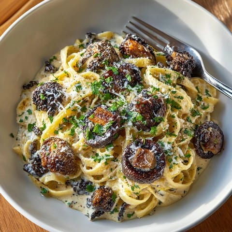 Golden-brown Morel Mushroom Fettuccine, tossed in creamy sauce, and garnished with fresh parsley.