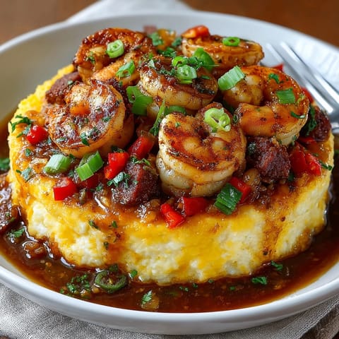 Golden Cajun Shrimp and Grits steaming fresh, garnished with parsley and scallions for Southern flair.