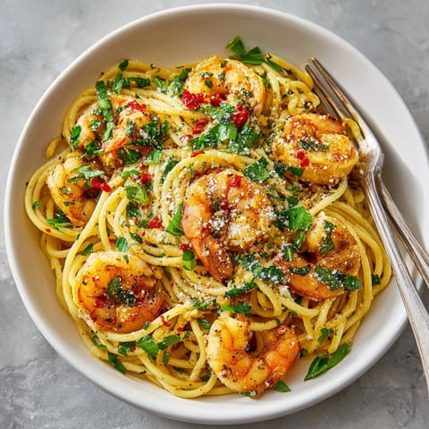 Sizzling garlic butter shrimp tossed with pasta and fresh herbs, served in a cozy dinner setting.