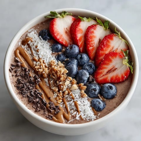 Thick, creamy chocolate peanut butter protein smoothie bowl served with fresh strawberries and crunchy toppings.