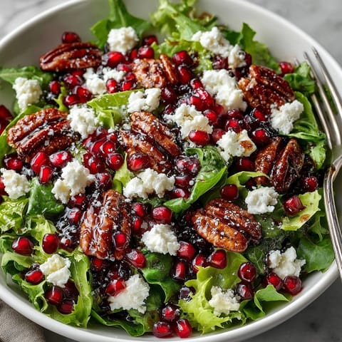 Close-up of Pomegranate Feta Winter Salad tossed with sweet nuts and creamy cheese for holidays.