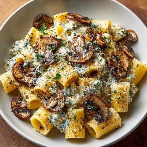 Creamy gorgonzola truffle cream sauce with mushrooms simmering in a skillet, ready to serve.