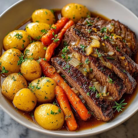 Fall-apart tender beef in this savory Instant Pot Beef Pot Roast recipe, ready to serve.